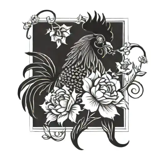 Black Rooster And Flowers Intertwined