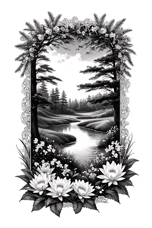 Golf Course Landscape Rolling Hills Flowers Pine Trees Water Lily Larkspur Lace