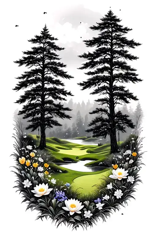 Mystical Golf Course Landscape Rolling Hills Flowers Pine Trees Water Lily Larkspur Lace