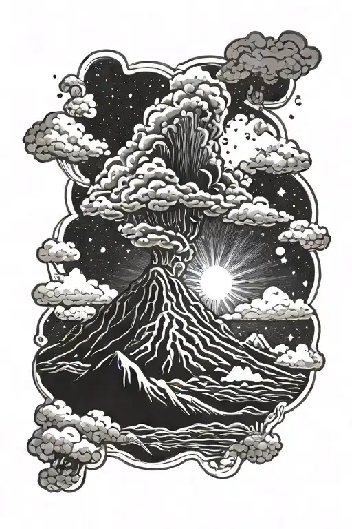 A Detailed Blackwork Tattoo Of A Volcano Erupting With A Galaxy Background