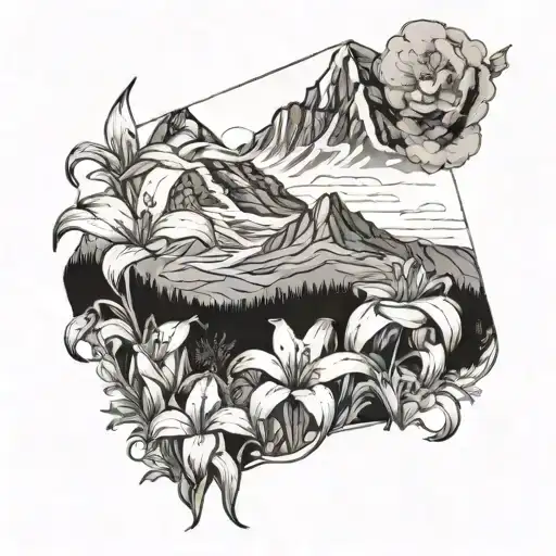 A Majestic Mountain Range With A Field Of Blooming Lilies At The Base