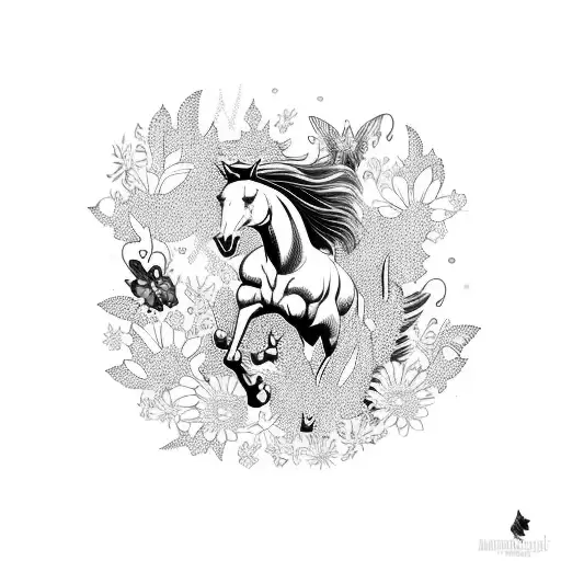 A Majestic Horse Galloping Through A Forest With Butterflies And Flowers Surrounding It