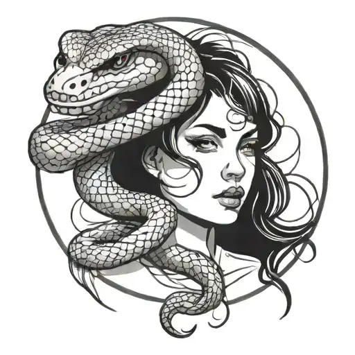 Snake And Girl Face Surrounded