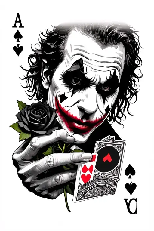 Joker Heath Ledger Sad With Black Roses In His Hand And A Card Of Pokerin The Other