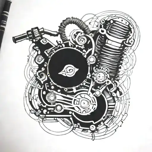 A Detailed Blackwork Tattoo Of A Motorcycle Engine Intertwined With Guitar Strings