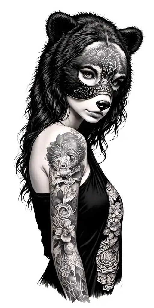 Girl With A Mask Of A Bear And Head