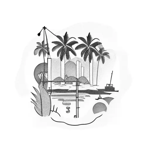 A Blackwork Tattoo Of A Camera Surrounded By Palm Trees On A Beach Background