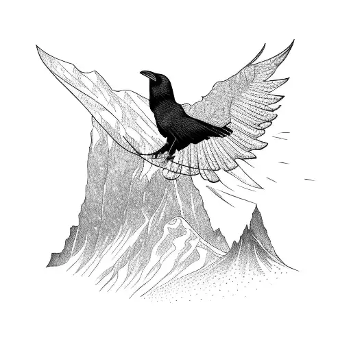 A Raven Flying Over A Mountain Range With Philosophical Quotes Intertwined In The Background