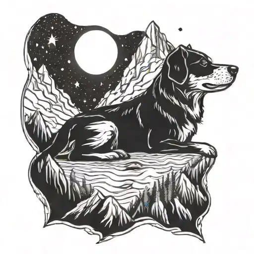 A Sleeping Dog Nestled In The Mountains Under A Starry Sky