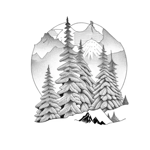 A Coffee Cup Surrounded By Pine Tree Branches And Mountain Peaks