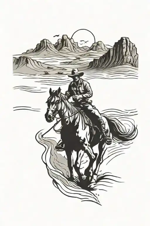 A Cowboy Riding A Horse Through A Desert Landscape