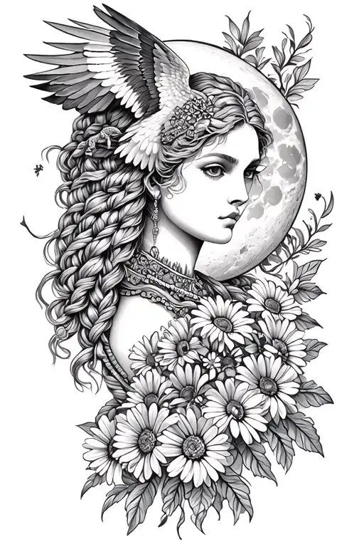 Freya Goddess Bust Braided Hair Full Moon With Daisies Falcon