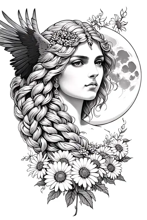 Freya Goddess Bust Braided Hair Full Moon With Daisies Falcon