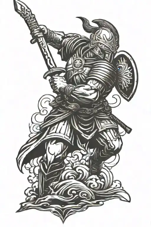 Warrior Holding One Sword In Sea