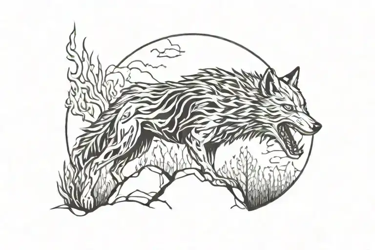 Fire Wolf Standing On Rock With In The Background And Flaming Woods