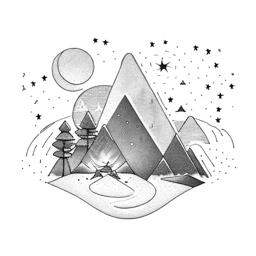 A Serene Mountain Landscape With A Campfire Burning Under A Starry Sky