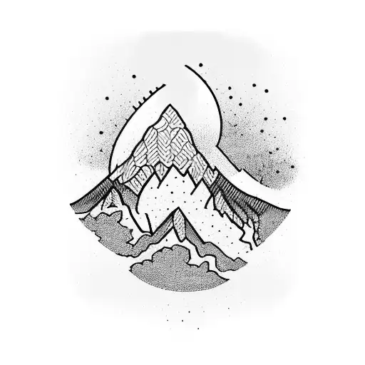 A Blackwork Tattoo Of A Mountain Range With Different Types Of Wildflowers In The Foreground