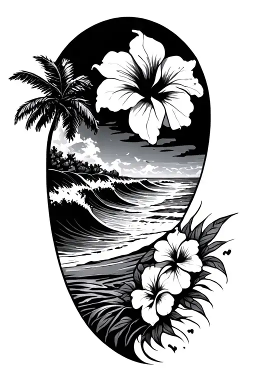 Beach With Ocean Waves Crashing With Hibiscus On The Right Side And Palm Tree On The Left