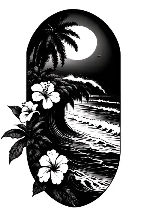 Beach With Ocean Waves Crashing With Hibiscus Vine On The Right Side And Palm Tree On The Left