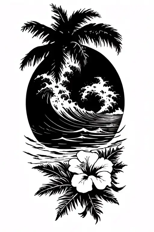 Ocean Waves Crashing On Beach With Palm And Hibiscus Vine On Bottom Right