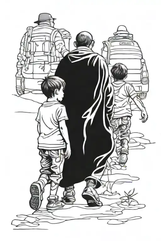 Father Looking Over Two Sons Walking