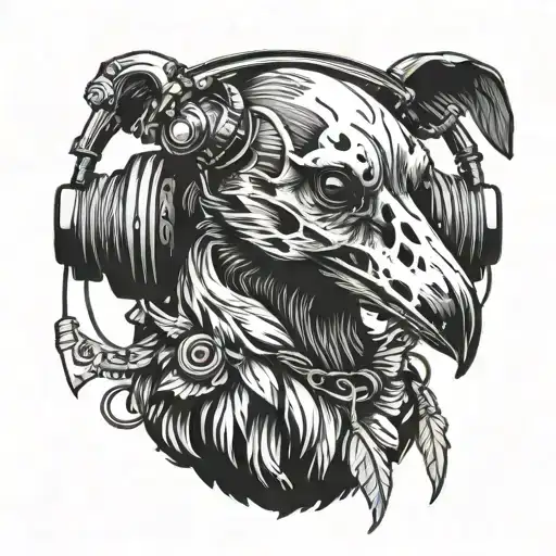 Raven On Dog Skull Wearing Headphones
