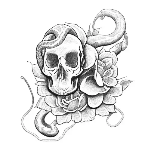 Flowers With A Snake Going Through A Skull