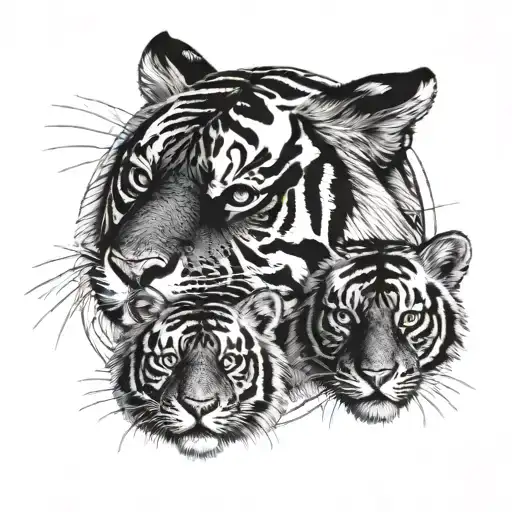 Tiger With Sharingan Eyes With Two Tiger Cubs Face Only