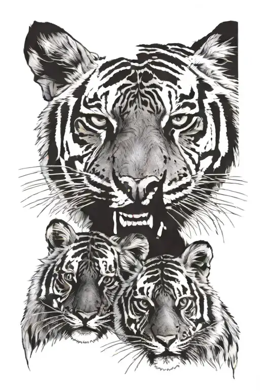 Tiger Face With Two Tiger Cubs Face Only