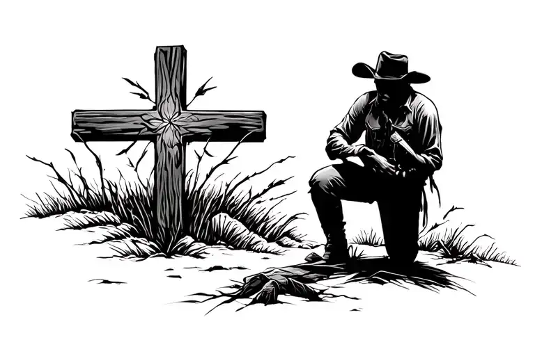 Silhouette Of A Cowboy That Is Kneeling Down Next To A Cross