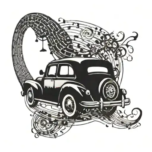 A Crescent Moon Made Of Musical Notes With A Vintage Car Driving Through It
