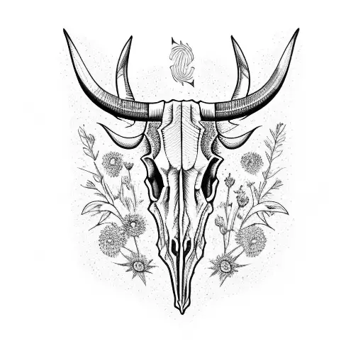 Combine A Longhorn Skull With A Field Of Wildflowers In A Blackwork Style