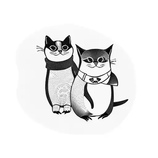 A Tattoo Design Of A Cat Performing Cpr On A Penguin With An Ekg Line In The Background