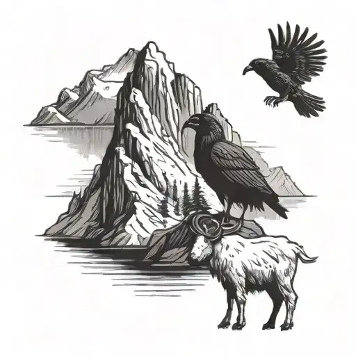 A Mountain Goat And A Raven Standing Together By Lake Van