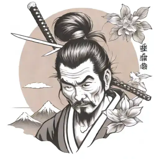 Traditional Tattoo Of Miyamoto Musashi On A Mountain In Japan With Lotus Flower