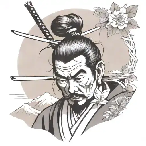 Traditional Tattoo Of Miyamoto Musashi On A Mountain In Japan With Lotus Flower