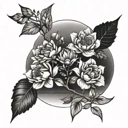 A Beautiful Blackwork Tattoo Of 3 Flowers Blooming Next To A Moonlit Lake