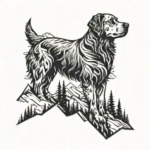 A Majestic Mountain Range With A Silhouette Of A Loyal Dog Standing At The Peak