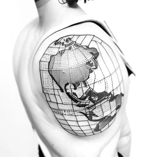 Shoulder Tattoo With Map Of The Globe And Statue Of Liberty