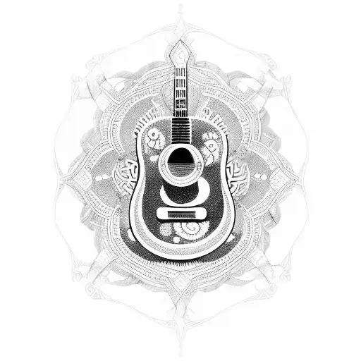 A Guitar With Intricate Patterns Representing Different Languages Wrapped Around It