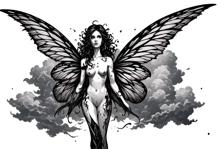 Dark Fairy With Tattered Wings Standing In Dark Clouds