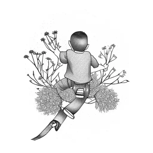 Boy Swinging From Tree Surrounded By Wildflowers