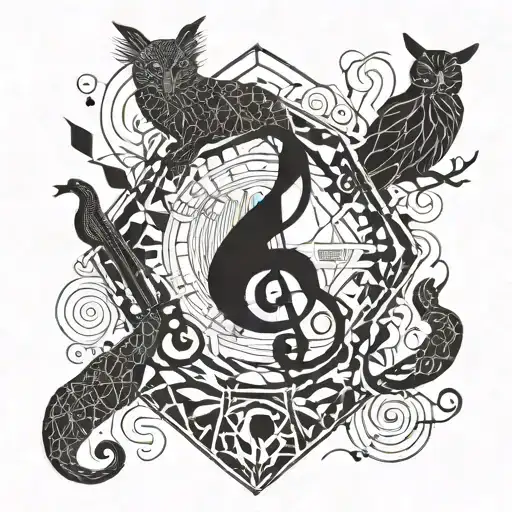 A Geometric Design Incorporating Musical Notes And Animal Silhouettes