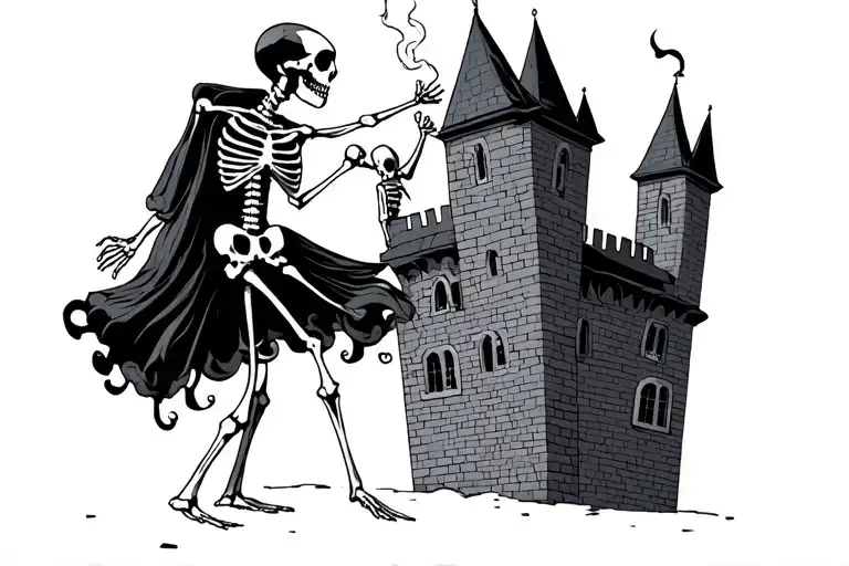 Two Slow Dancing Skeletons On Top Of A Castle With A Window Where Another Skeleton Is Smoking