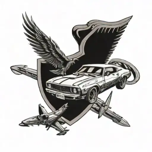A Sketch Of A Muscle Car With Military Insignia Incorporated Into The Design