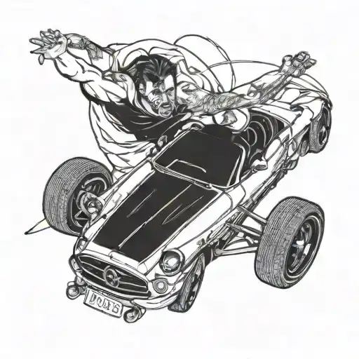 A Man In A Sports Car That Is Trying To Reach God With It`s Loved Ones Pushing Him