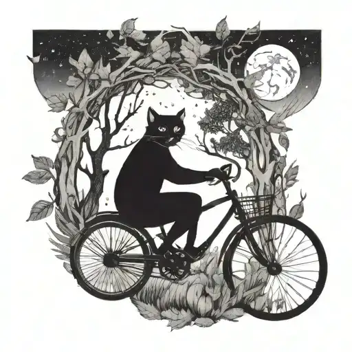 A Black Cat Riding A Vintage Bicycle Through A Moonlit Forest