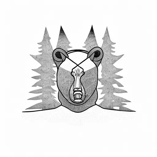 A Blackwork Tattoo Of A Bear Silhouette Standing On A Mountain Peak Overlooking A Forest