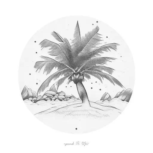 A Serene Landscape Tattoo Featuring Palm Trees And A Bible Quote Intertwined With The Branches