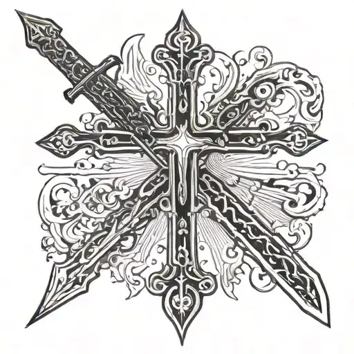 Cross Made Out Of A Sword With A Double Bladed Sword Going Through It
